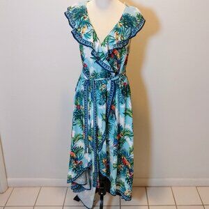 NWT FLYING TOMATO SIZE S  TROPICAL PRINT RUFFLE HIGH LOW FAUX WRAP DRESS